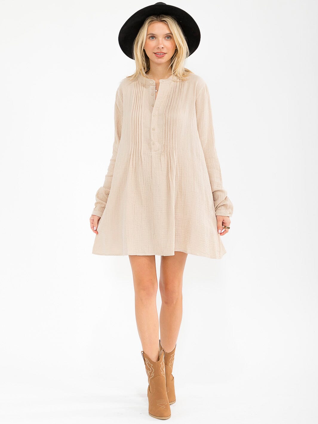 WOMEN'S LONG SLEEVE V-NECK BUTTON UP LOOSE FIT MINI DRESS