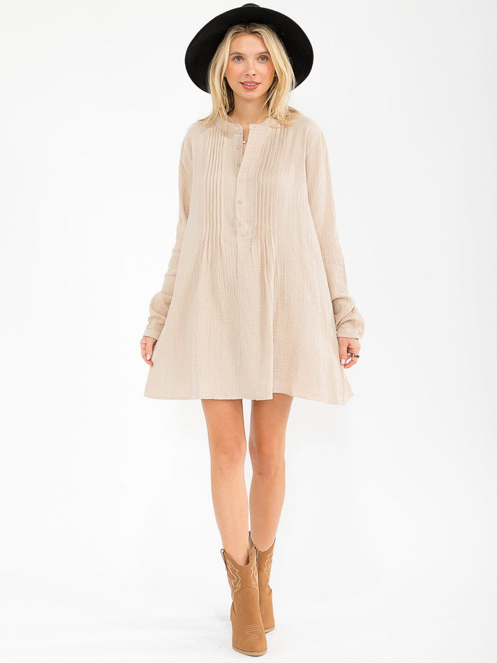 WOMEN'S LONG SLEEVE V-NECK BUTTON UP LOOSE FIT MINI DRESS