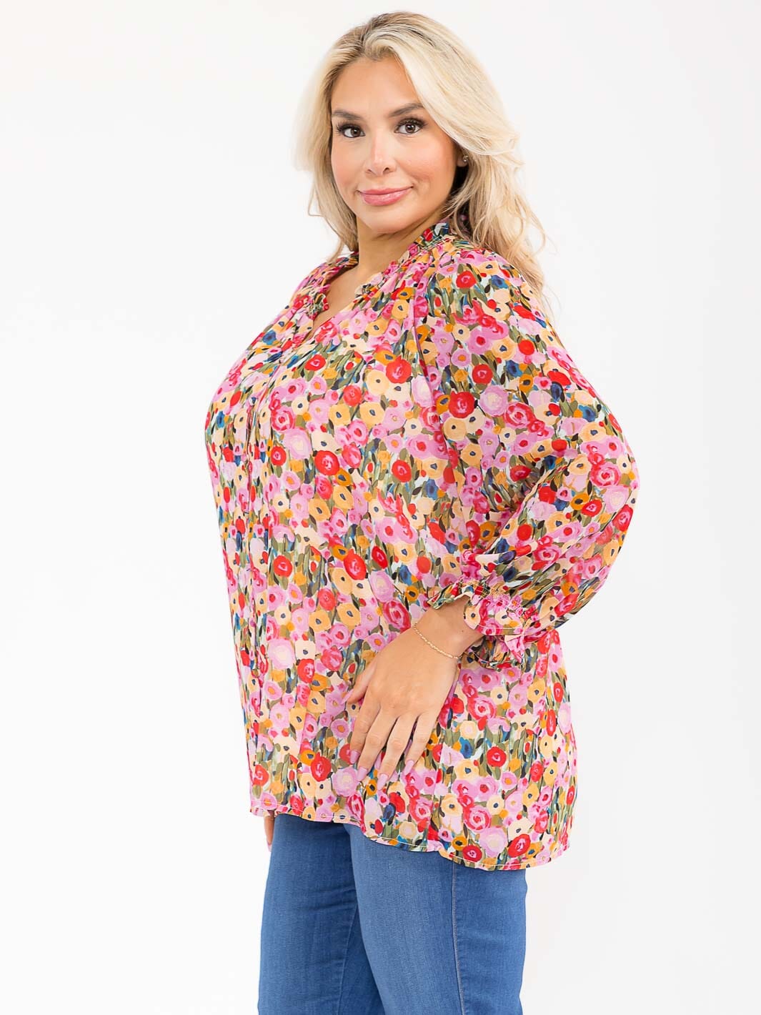 PLUS SIZE LONG SLEEVE V-NECK FLORAL PRINT BLOUSE
