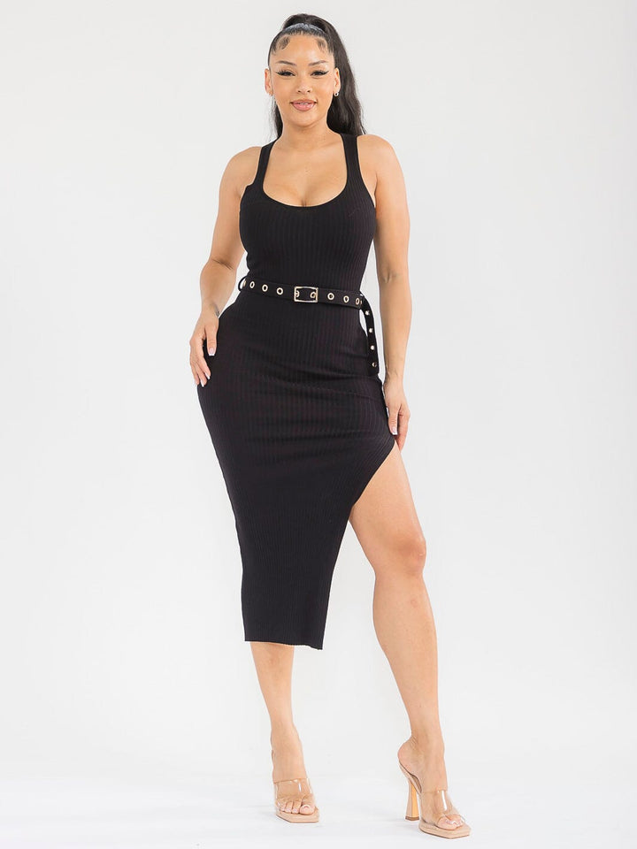 WOMEN'S SLEEVELESS SIDE SLIT BELTED RIBBED BODYCON MIDI DRESS