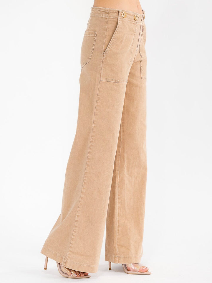 WOMEN'S BUTTON CLOSURE POCKETS WIDE LEG STRETCH DENIM PANTS