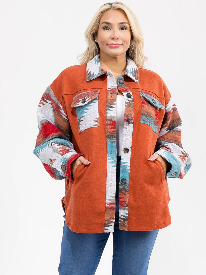 PLUS SIZE LONG SLEEVE BUTTON UP POCKETS MULTI PRINT JACKET