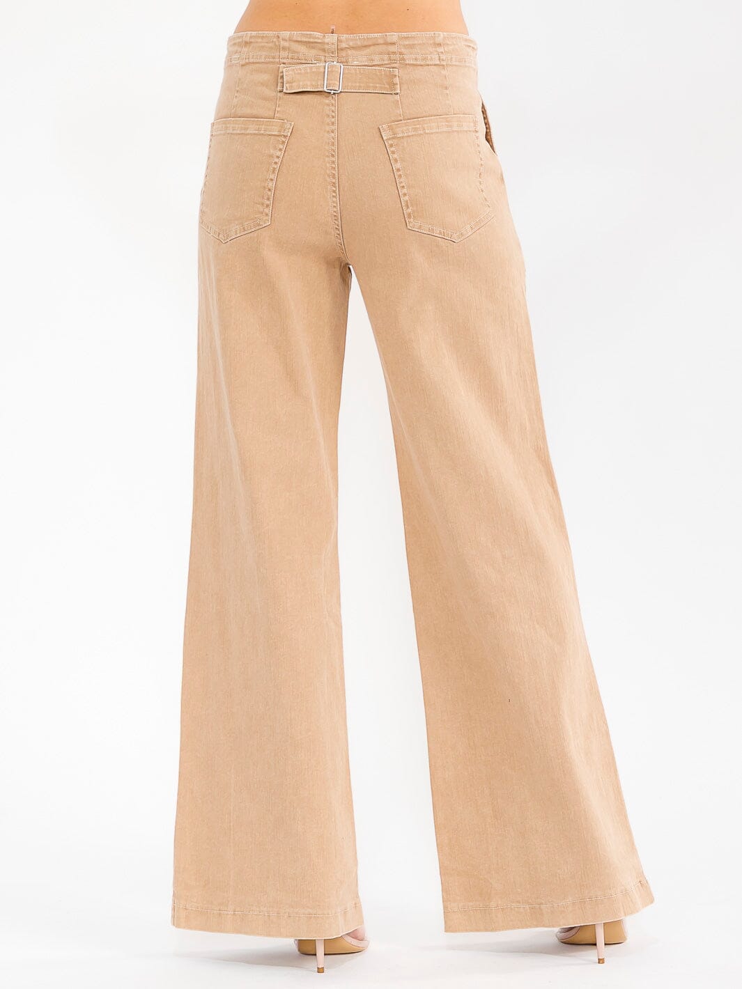 WOMEN'S BUTTON CLOSURE POCKETS WIDE LEG STRETCH DENIM PANTS