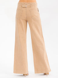 WOMEN'S BUTTON CLOSURE POCKETS WIDE LEG STRETCH DENIM PANTS