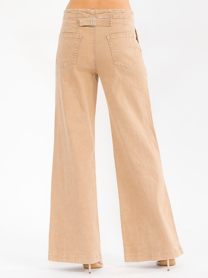 WOMEN'S BUTTON CLOSURE POCKETS WIDE LEG STRETCH DENIM PANTS