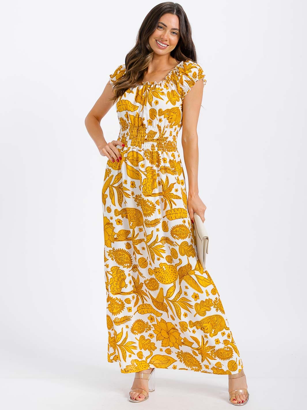 WOMEN'S SHORT SLEEVE SMOCK WAIST FLORAL MAXI DRESS