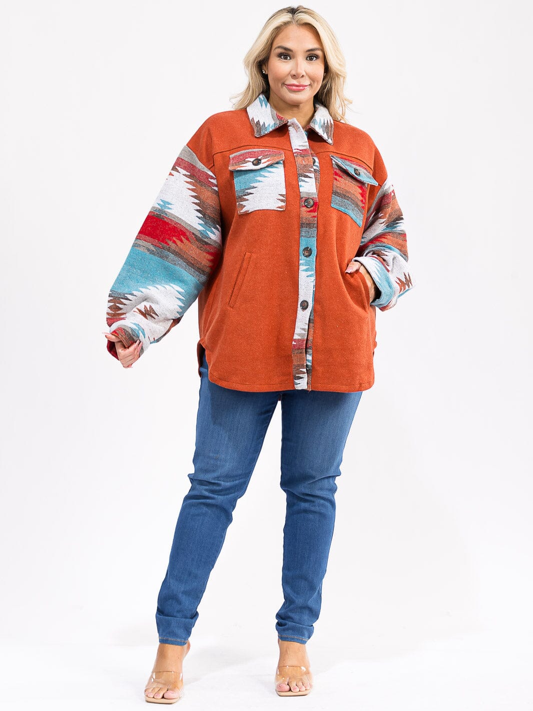 PLUS SIZE LONG SLEEVE BUTTON UP POCKETS MULTI PRINT JACKET