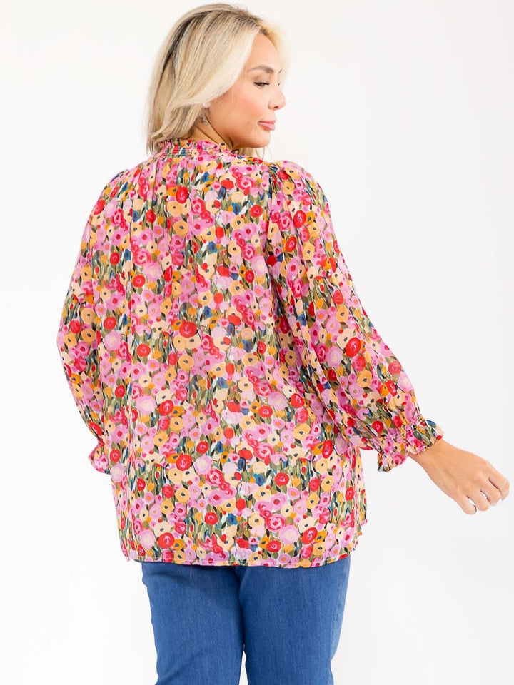 PLUS SIZE LONG SLEEVE V-NECK FLORAL PRINT BLOUSE