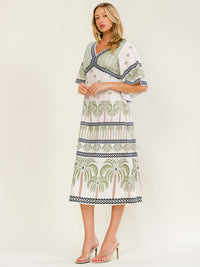 WOMEN'S SHORT SLEEVE V-NECK ELASTIC WAIST MULTI PRINT MIDI DRESS