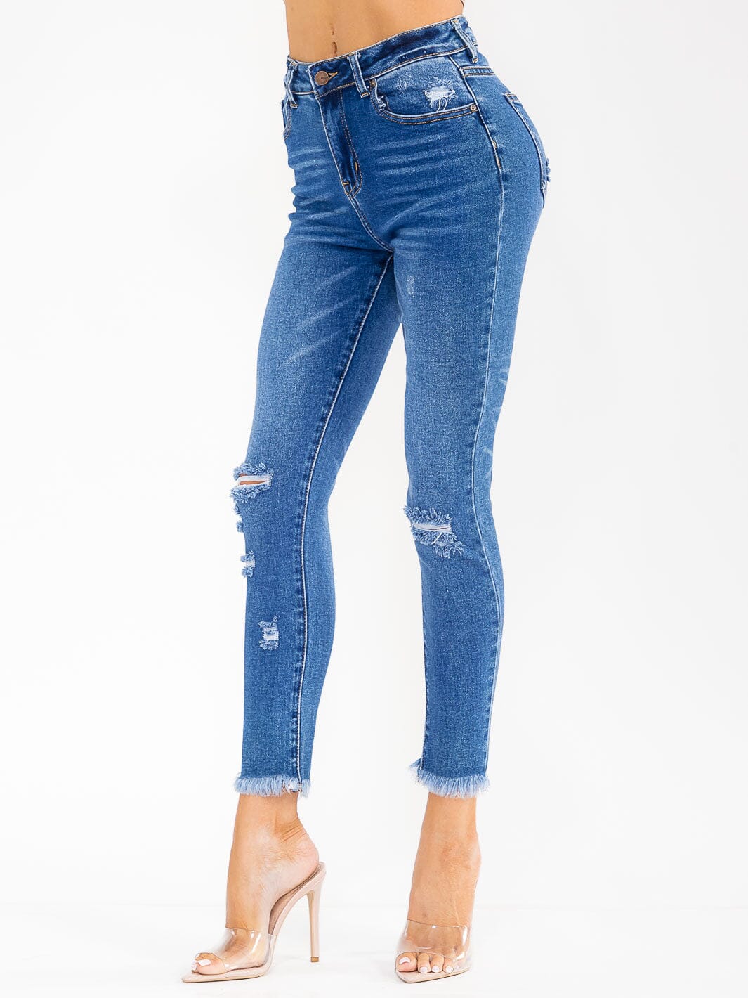 WOMEN'S BUTTON CLOSURE POCKETS DISTRESS SKINNY STRETCH DENIM PANTS