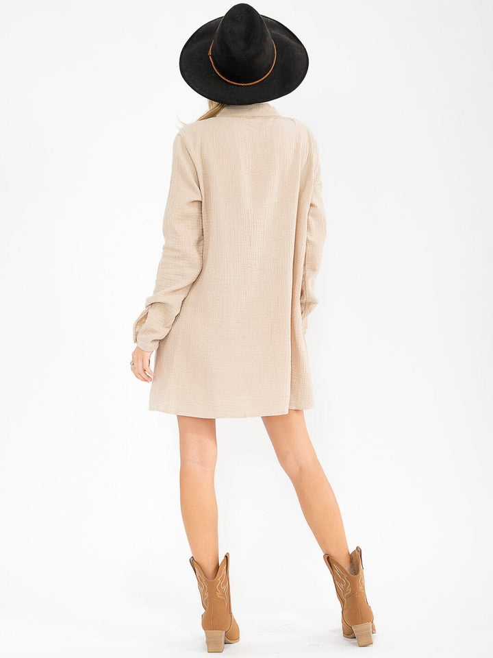 WOMEN'S LONG SLEEVE V-NECK BUTTON UP LOOSE FIT MINI DRESS