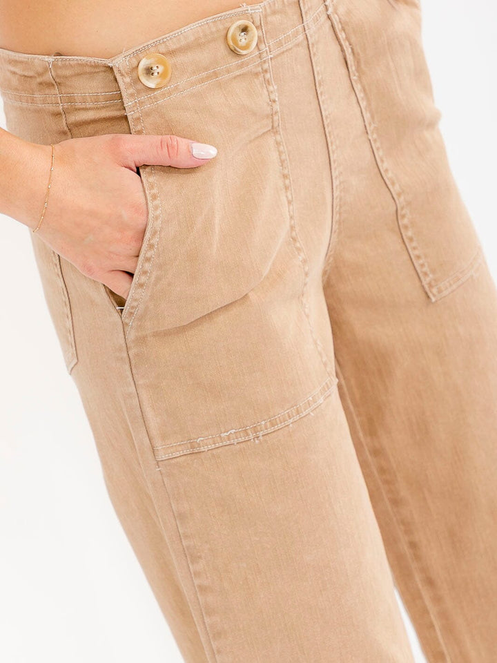 WOMEN'S BUTTON CLOSURE POCKETS WIDE LEG STRETCH DENIM PANTS
