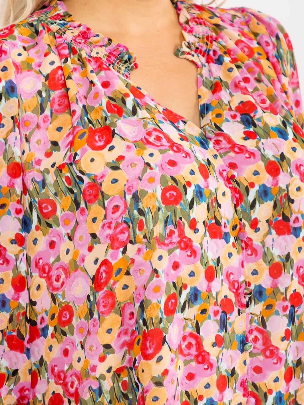PLUS SIZE LONG SLEEVE V-NECK FLORAL PRINT BLOUSE
