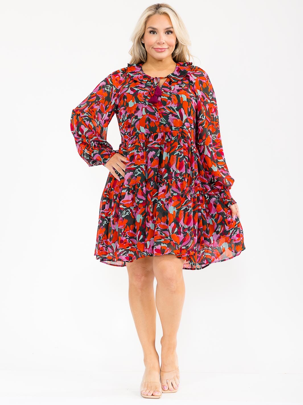 WOMEN'S LONG SLEEVES V-NECK MULTI PRINT TIERED MINI DRESS