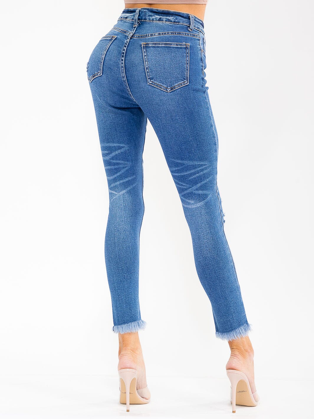WOMEN'S BUTTON CLOSURE POCKETS DISTRESS SKINNY STRETCH DENIM PANTS