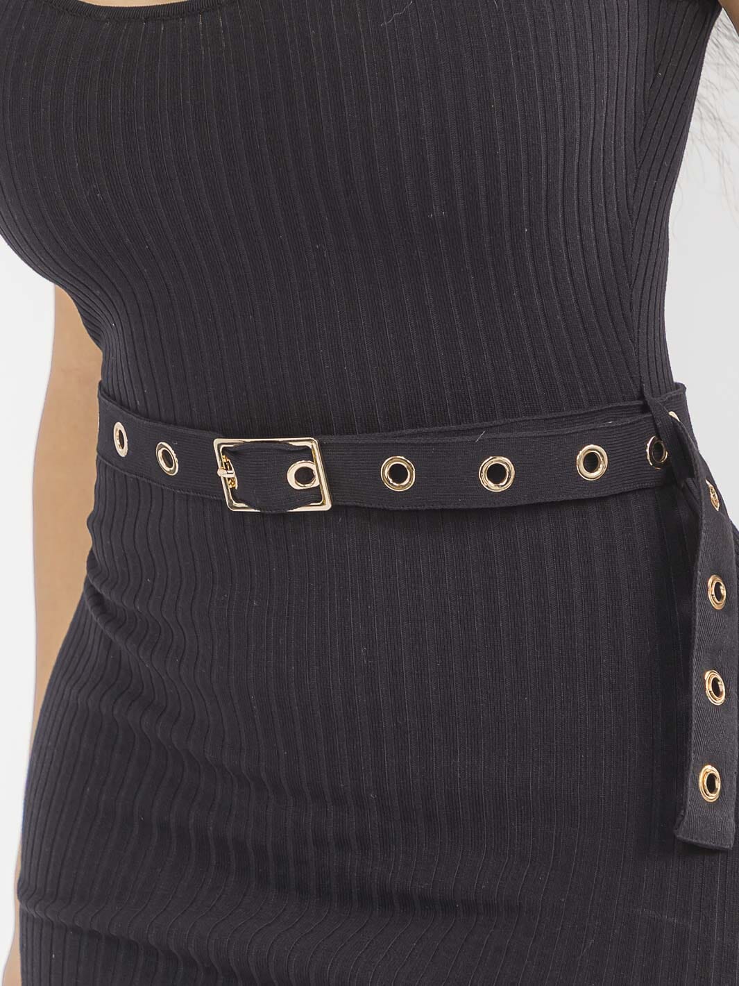 WOMEN'S SLEEVELESS SIDE SLIT BELTED RIBBED BODYCON MIDI DRESS