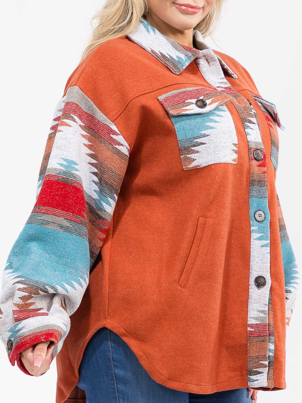 PLUS SIZE LONG SLEEVE BUTTON UP POCKETS MULTI PRINT JACKET