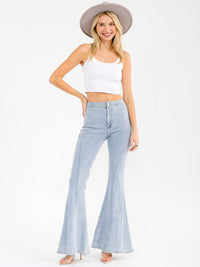 WOMEN'S BUTTON CLOSURE BELL LEG STRETCH DENIM PANTS