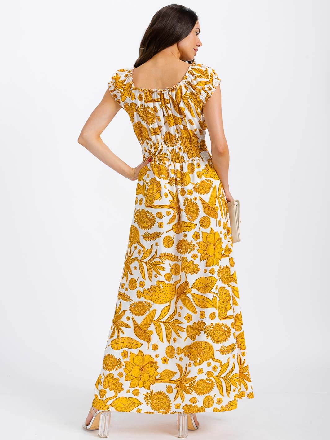 WOMEN'S SHORT SLEEVE SMOCK WAIST FLORAL MAXI DRESS