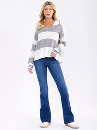 WOMEN'S LONG SLEEVE V-NECK COLORBLOCK PULLOVER KNIT SWEATER