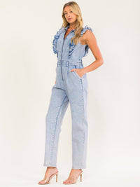 WOMEN'S SLEEVELESS ZIP UP POCKETS SKINNY LEG STRETCH DENIM JUMPSUIT