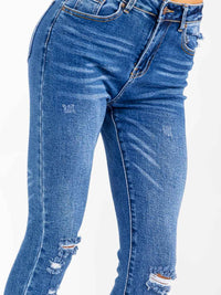 WOMEN'S BUTTON CLOSURE POCKETS DISTRESS SKINNY STRETCH DENIM PANTS