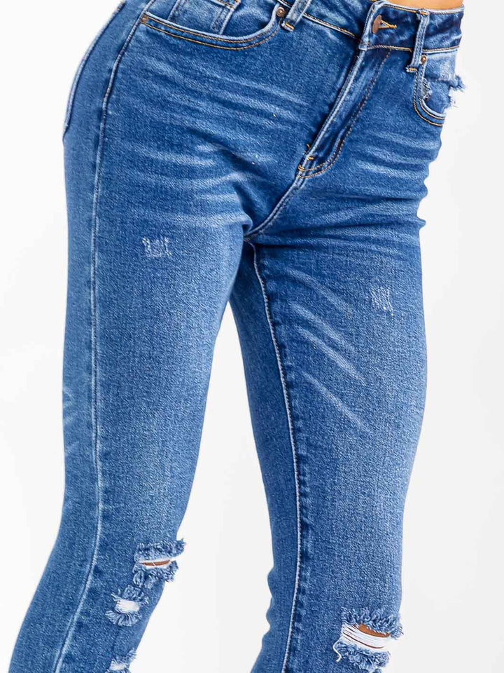 WOMEN'S BUTTON CLOSURE POCKETS DISTRESS SKINNY STRETCH DENIM PANTS