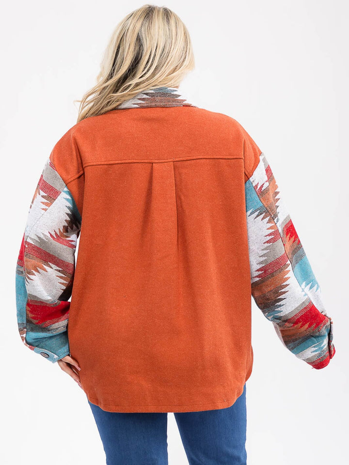 PLUS SIZE LONG SLEEVE BUTTON UP POCKETS MULTI PRINT JACKET