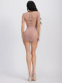 WOMEN'S SHORT SLEEVE CUT OUT MESH BODYCON MINI DRESS
