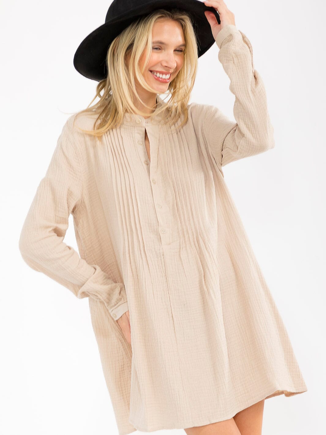 WOMEN'S LONG SLEEVE V-NECK BUTTON UP LOOSE FIT MINI DRESS