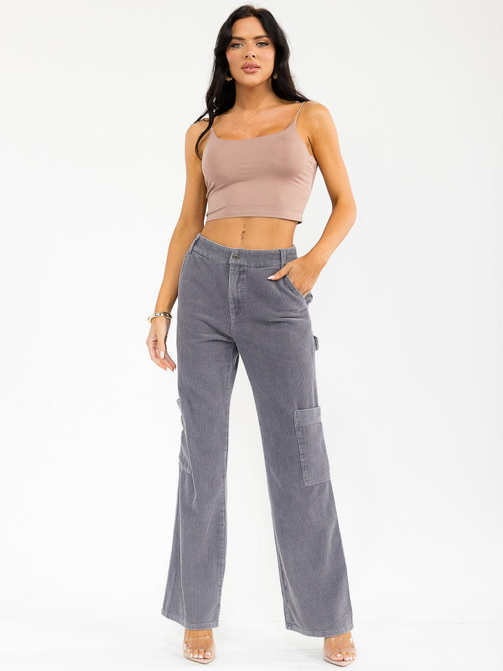 WOMEN'S BUTTON CLOSURE POCKETS WIDE LEG CORDUROY PANTS