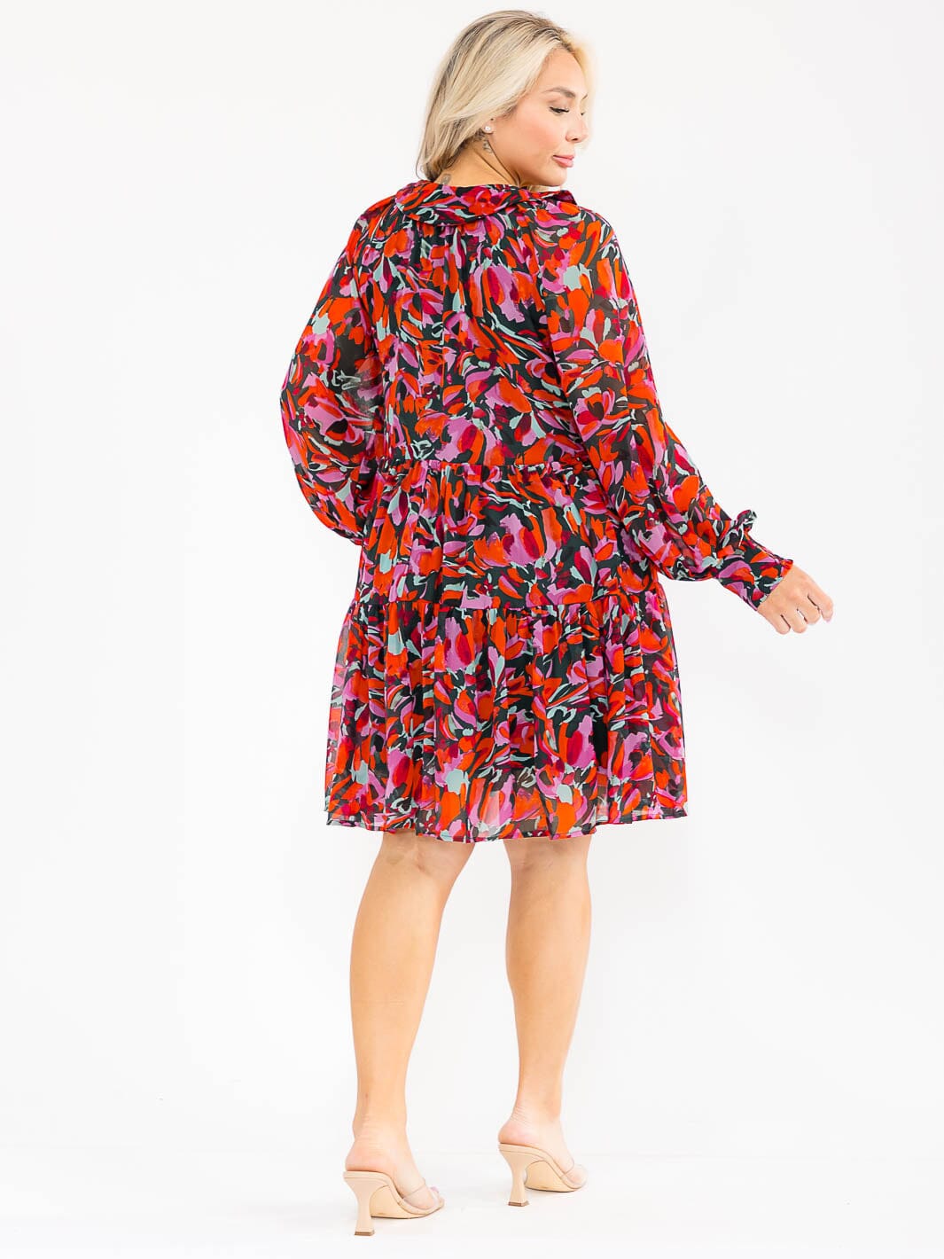 WOMEN'S LONG SLEEVES V-NECK MULTI PRINT TIERED MINI DRESS