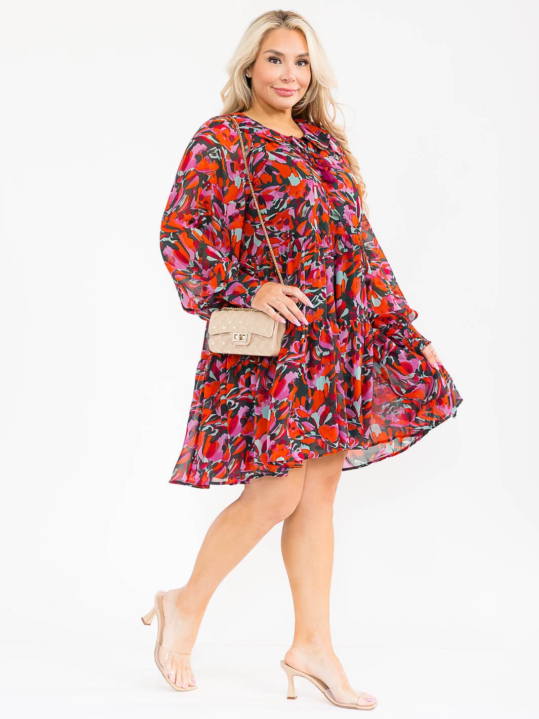 WOMEN'S LONG SLEEVES V-NECK MULTI PRINT TIERED MINI DRESS