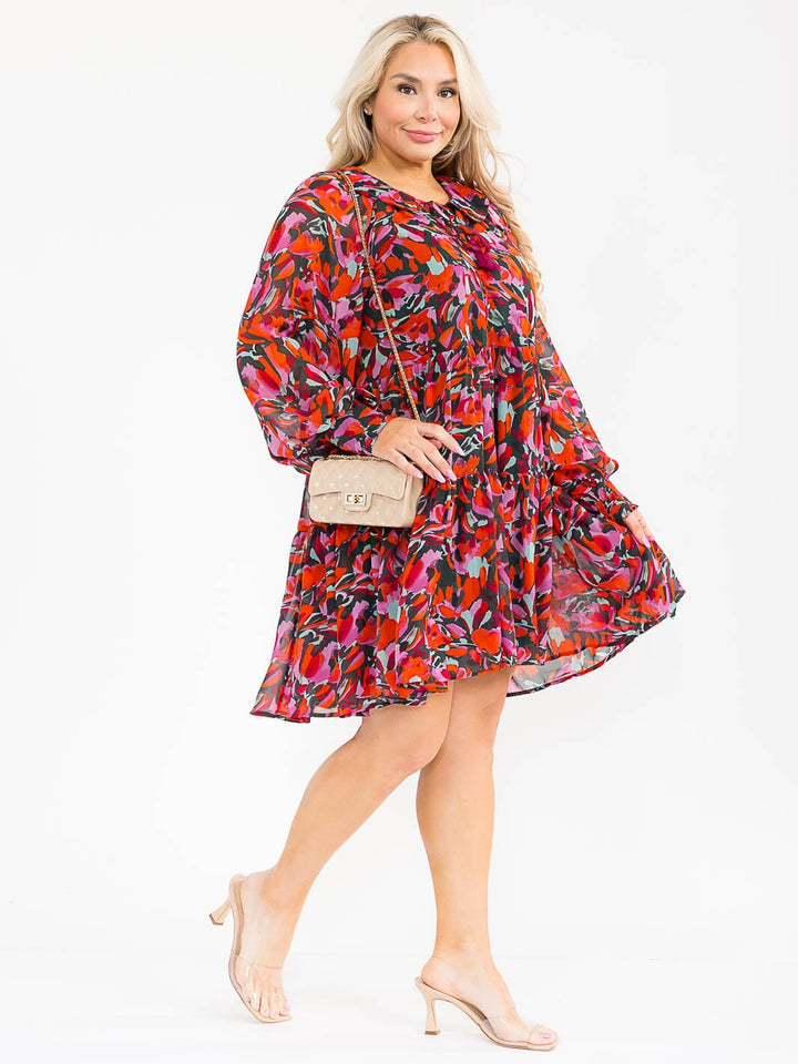 WOMEN'S LONG SLEEVES V-NECK MULTI PRINT TIERED MINI DRESS