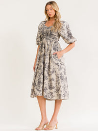 WOMEN'S SHORT PUFF SLEEVE SMOCK FRONT POCKETS FLORAL PRINT MIDI DRESS