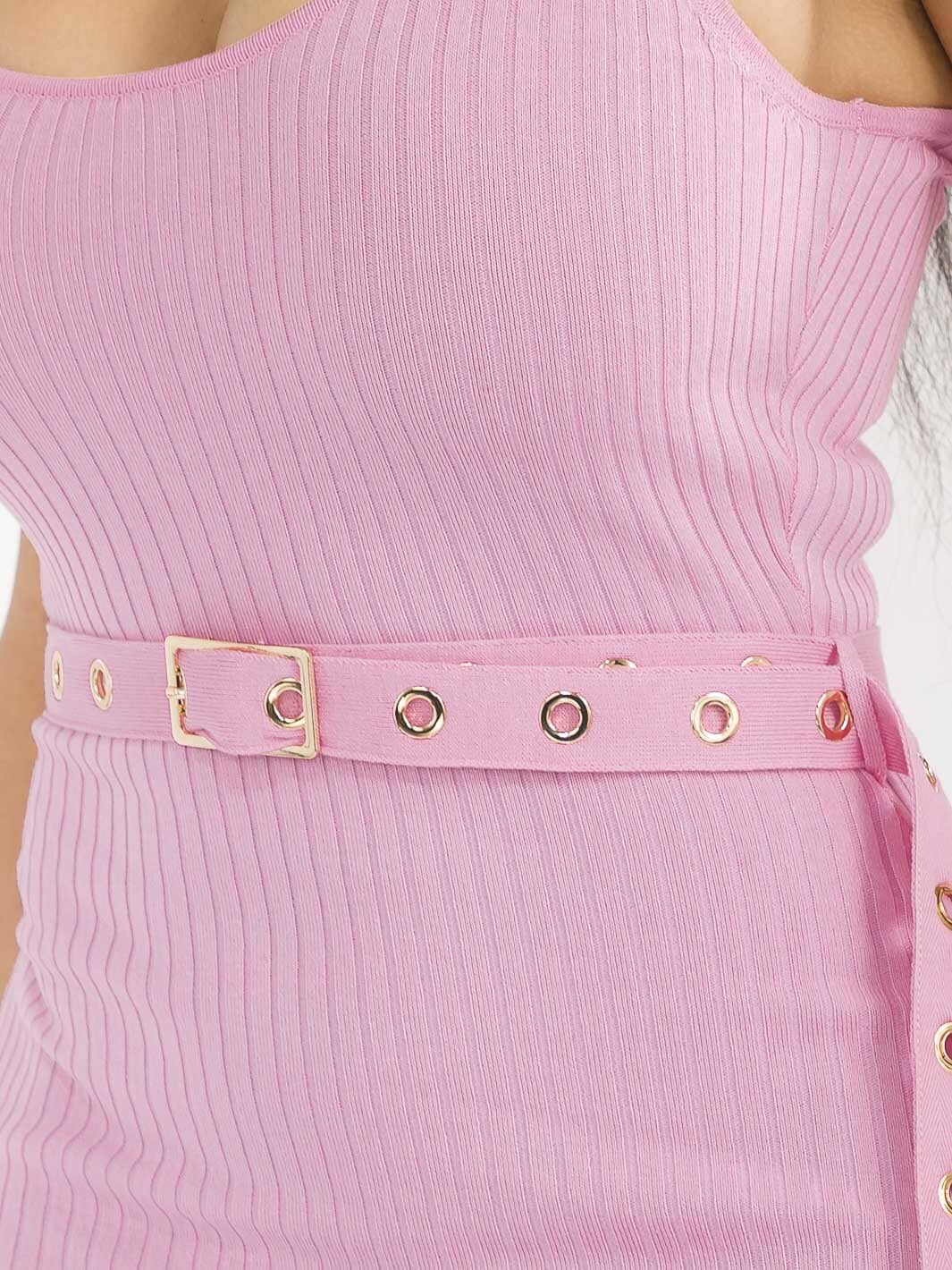 WOMEN'S SLEEVELESS SIDE SLIT BELTED RIBBED BODYCON MIDI DRESS