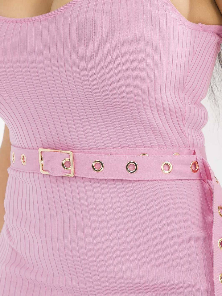 WOMEN'S SLEEVELESS SIDE SLIT BELTED RIBBED BODYCON MIDI DRESS