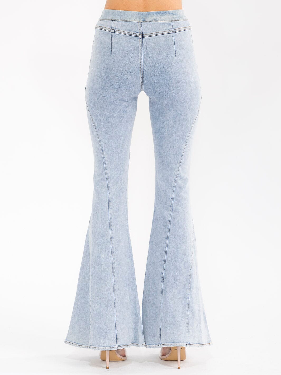 WOMEN'S BUTTON CLOSURE BELL LEG STRETCH DENIM PANTS