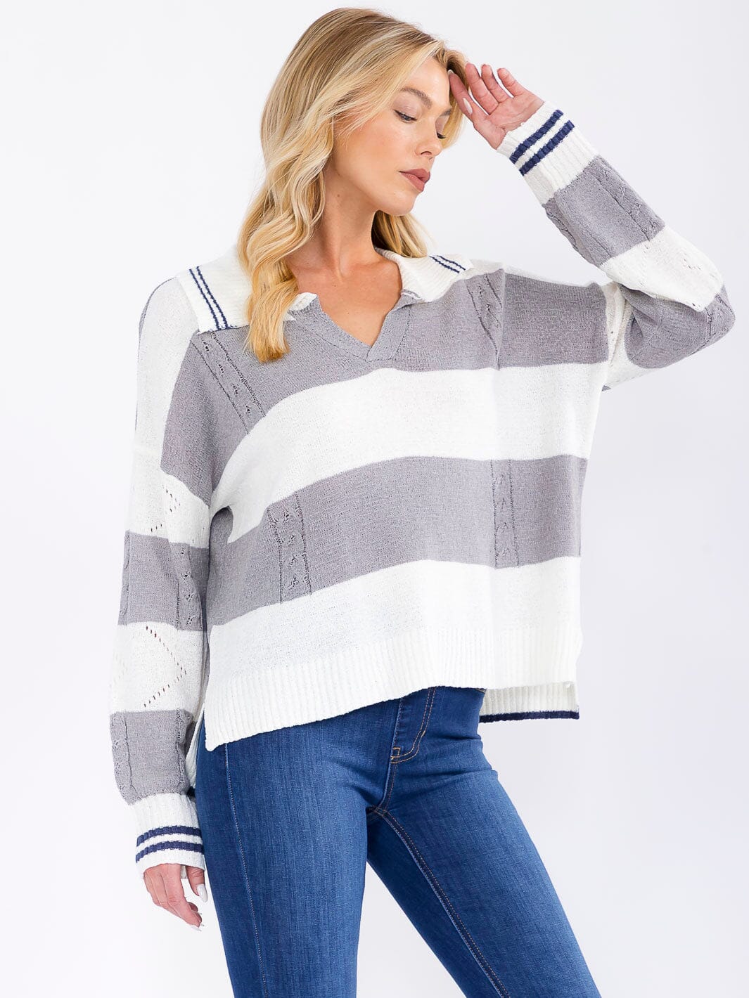 WOMEN'S LONG SLEEVE V-NECK COLORBLOCK PULLOVER KNIT SWEATER