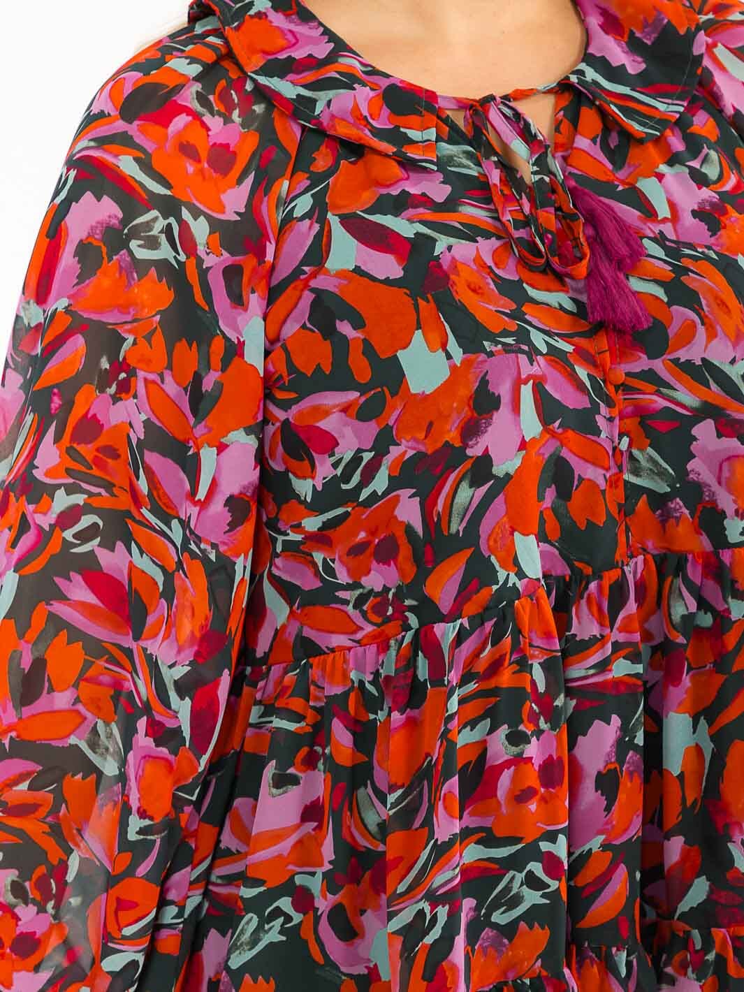 WOMEN'S LONG SLEEVES V-NECK MULTI PRINT TIERED MINI DRESS