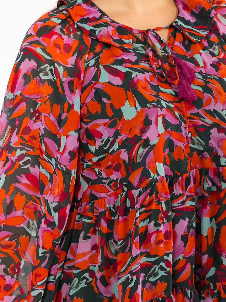 WOMEN'S LONG SLEEVES V-NECK MULTI PRINT TIERED MINI DRESS