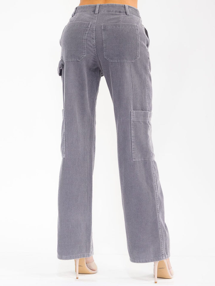 WOMEN'S BUTTON CLOSURE POCKETS WIDE LEG CORDUROY PANTS