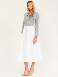 WOMEN'S LONG SLEEVE V-NECK POCKETS COLORBLOCK CONTRAST MIDI DRESS