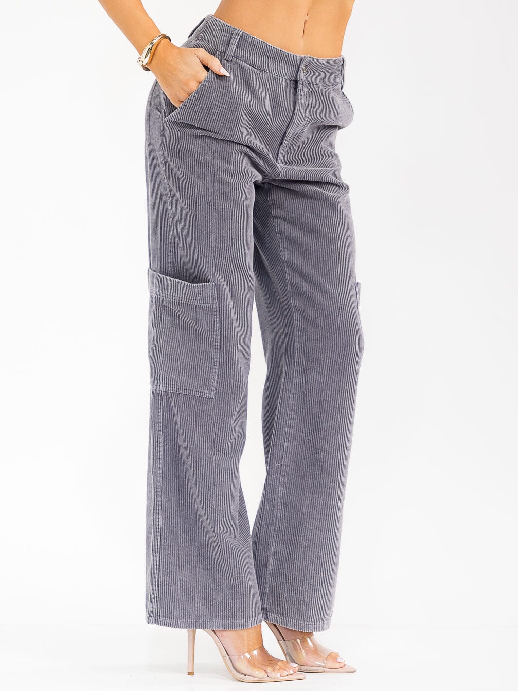 WOMEN'S BUTTON CLOSURE POCKETS WIDE LEG CORDUROY PANTS