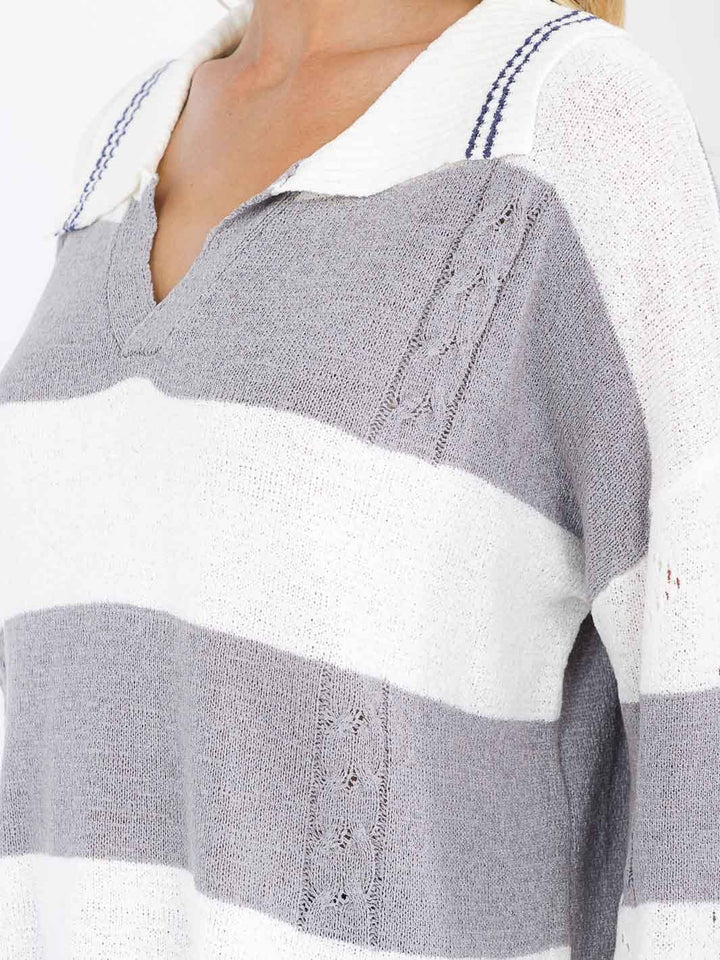 WOMEN'S LONG SLEEVE V-NECK COLORBLOCK PULLOVER KNIT SWEATER