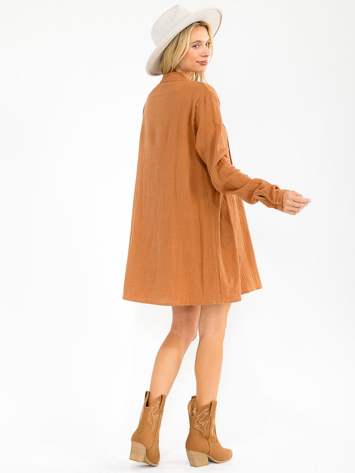 WOMEN'S LONG SLEEVE V-NECK BUTTON UP LOOSE FIT MINI DRESS