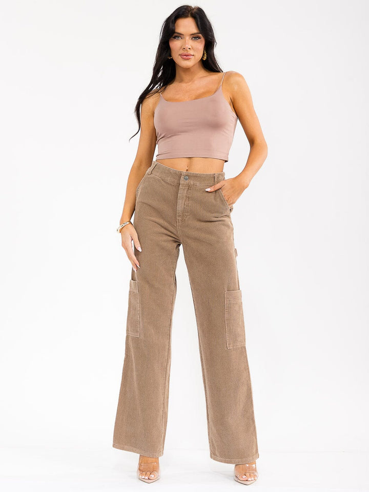 WOMEN'S BUTTON CLOSURE POCKETS WIDE LEG CORDUROY PANTS