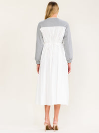 WOMEN'S LONG SLEEVE V-NECK POCKETS COLORBLOCK CONTRAST MIDI DRESS