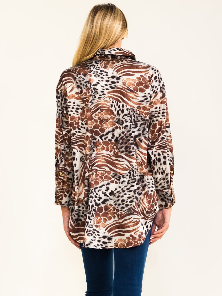 WOMEN'S LONG SLEEVE BUTTON UP HIGH-LOW ANIMAL PRINT BLOUSE