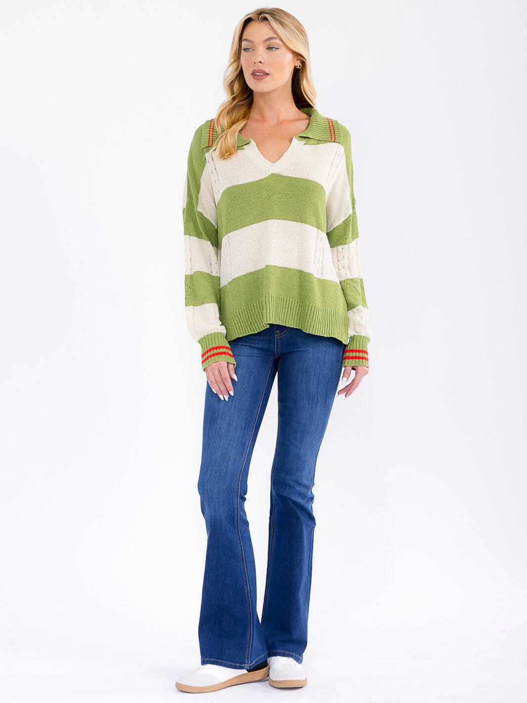 WOMEN'S LONG SLEEVE V-NECK COLORBLOCK PULLOVER KNIT SWEATER